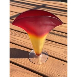 Blenko Fan Vase #872 Satin Amberina Red Yellow Hand Blown 12" VTG